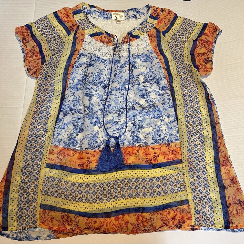 FIG and FLOWER tasseled floral & lace sheer top Blouse Sz S